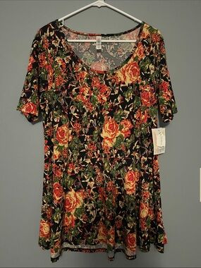 LuLaRoe Black Tunic with Red & Green Floral Print